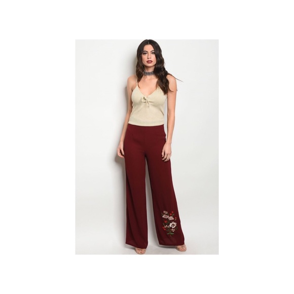 🛍Sale🛍 Maroon Burgundy Bell Bottom Floral Pants - Picture 3 of 5